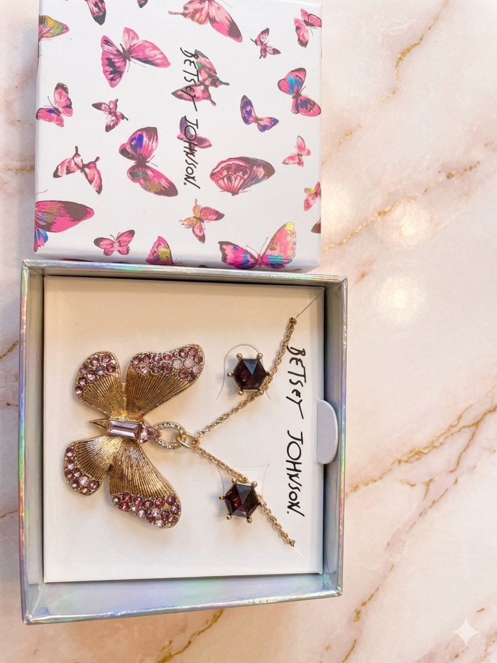 Betsey Johnson Gold-tone Butterfly Necklace & Pink Accent Studs - Picture 2 of 3